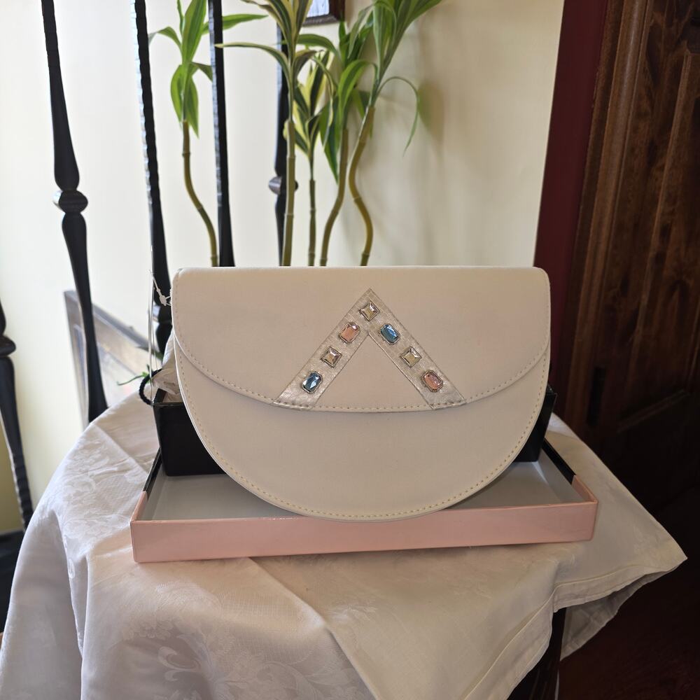 NIB Champagne Italy off white half moon purse with‎ gemstones, AS IS